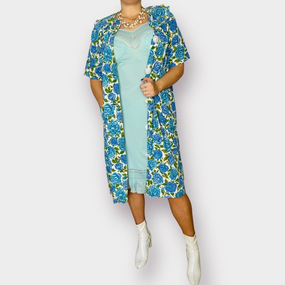 60s Mode O’ Day Blue and Teal‎ Floral House Dress - Picture 1 of 6